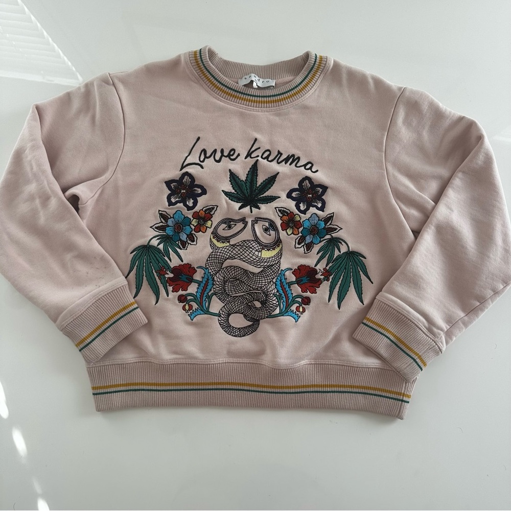 Sandro Love Karma Dusty Pink Embroidered Crewneck Sweatshirt *Flawed*